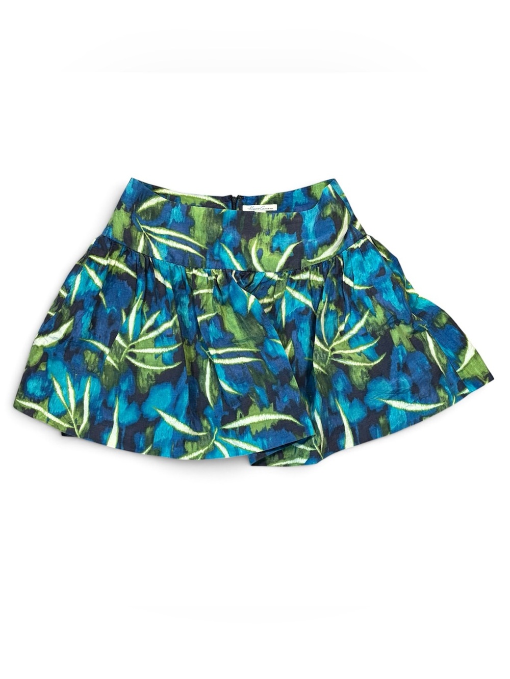 Kenneth Cole New York Blue & Green Floral Skater Skirt Silk Linen Summer Mini